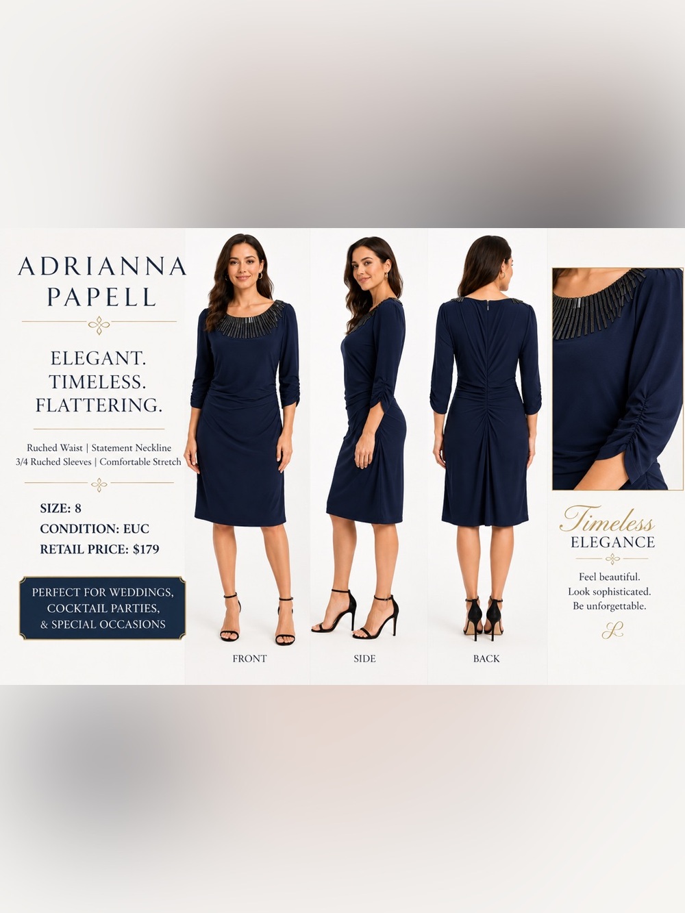 Adrianna Papell Navy Beaded Ruched Wiggle Dress Size 8